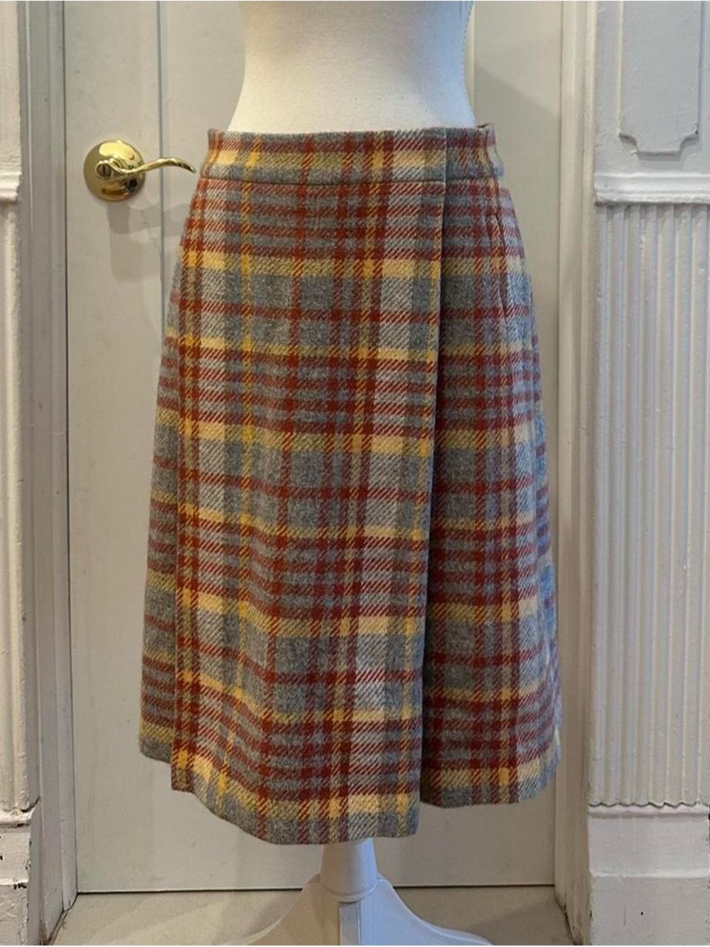 Plaid A-Line Wool Blend Skirt in Gray, Red & Yellow